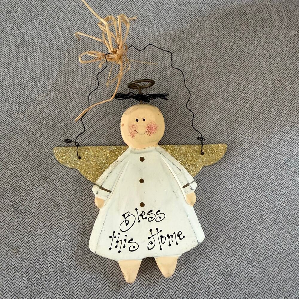 Primitive Folk Art Angel Wall Hanging “Bless This Home” Wood Metal Wire Decor